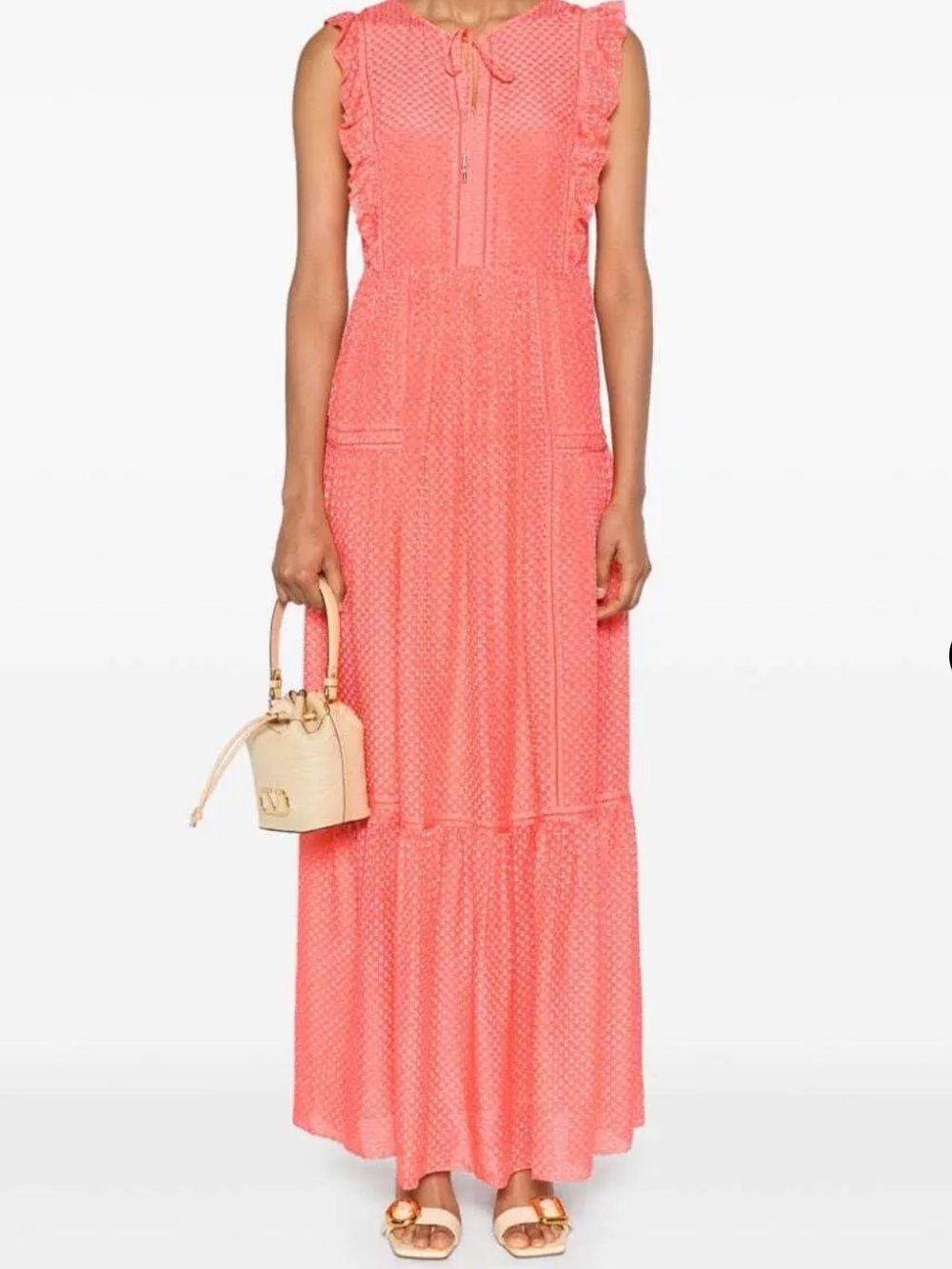 BOSS Hugo Boss Sz 4 Dacrina Dress Sleeveless Coral Pink Maxi Ruffled Tiered